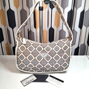 Vintage RARE Prada Hobo Handbag Blue Brown Paisley Nylon Leather Trim Medium